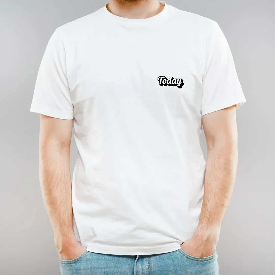 TODAY – Minimalist Word Art Pocket Tee, studio view
