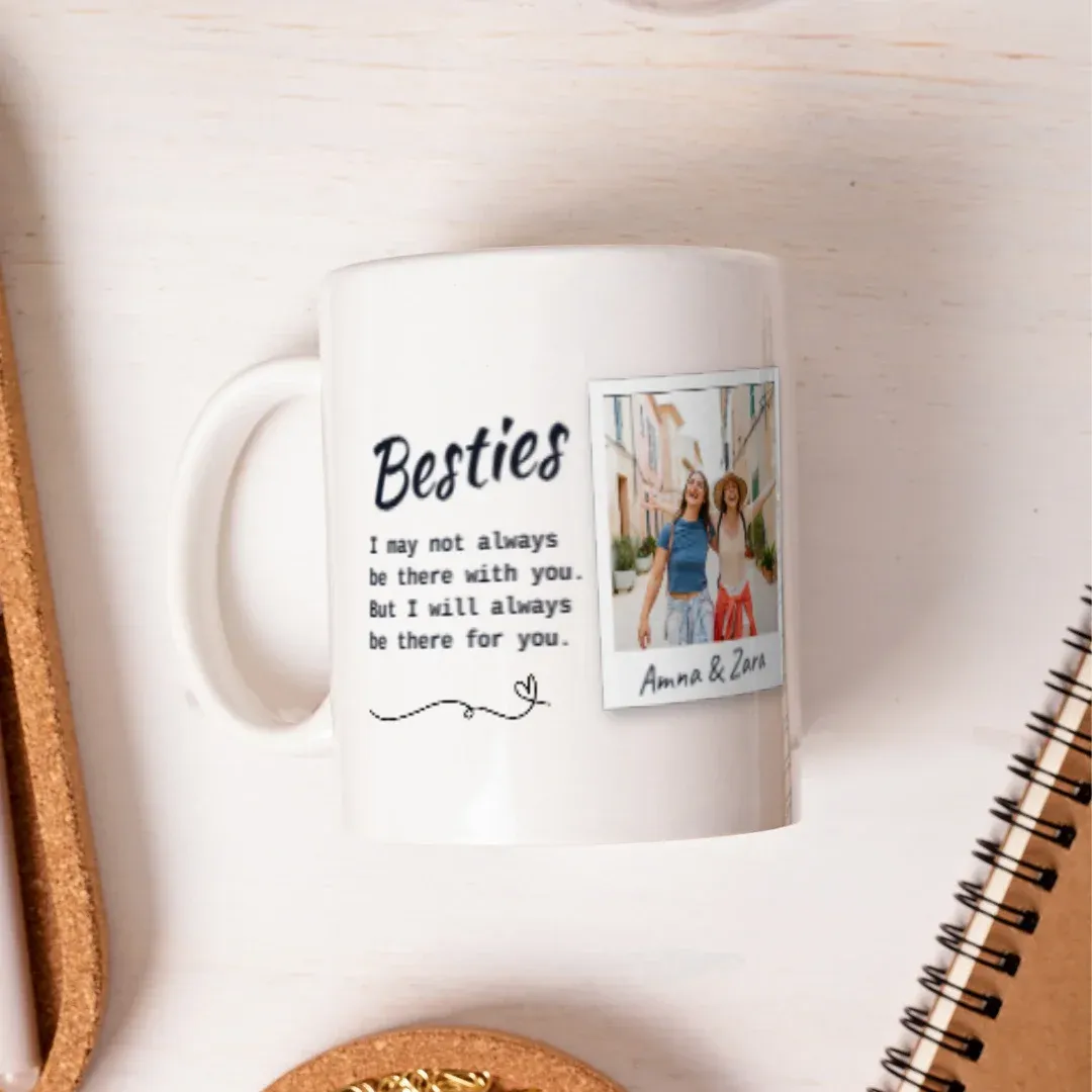 Modern Besties Quote Personalized Photo BFF Coffee Mug, flat lay view