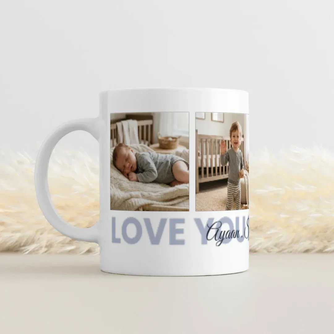 "Love You Dada Jaan" Custom Multi-Photo Mug, lifestyle view