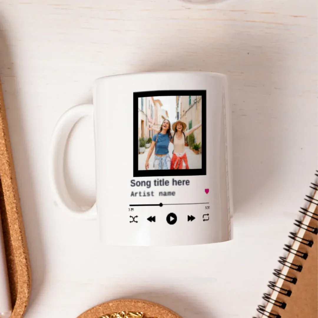 Custom Song &amp; Photo Music Player Mug, flat lay view