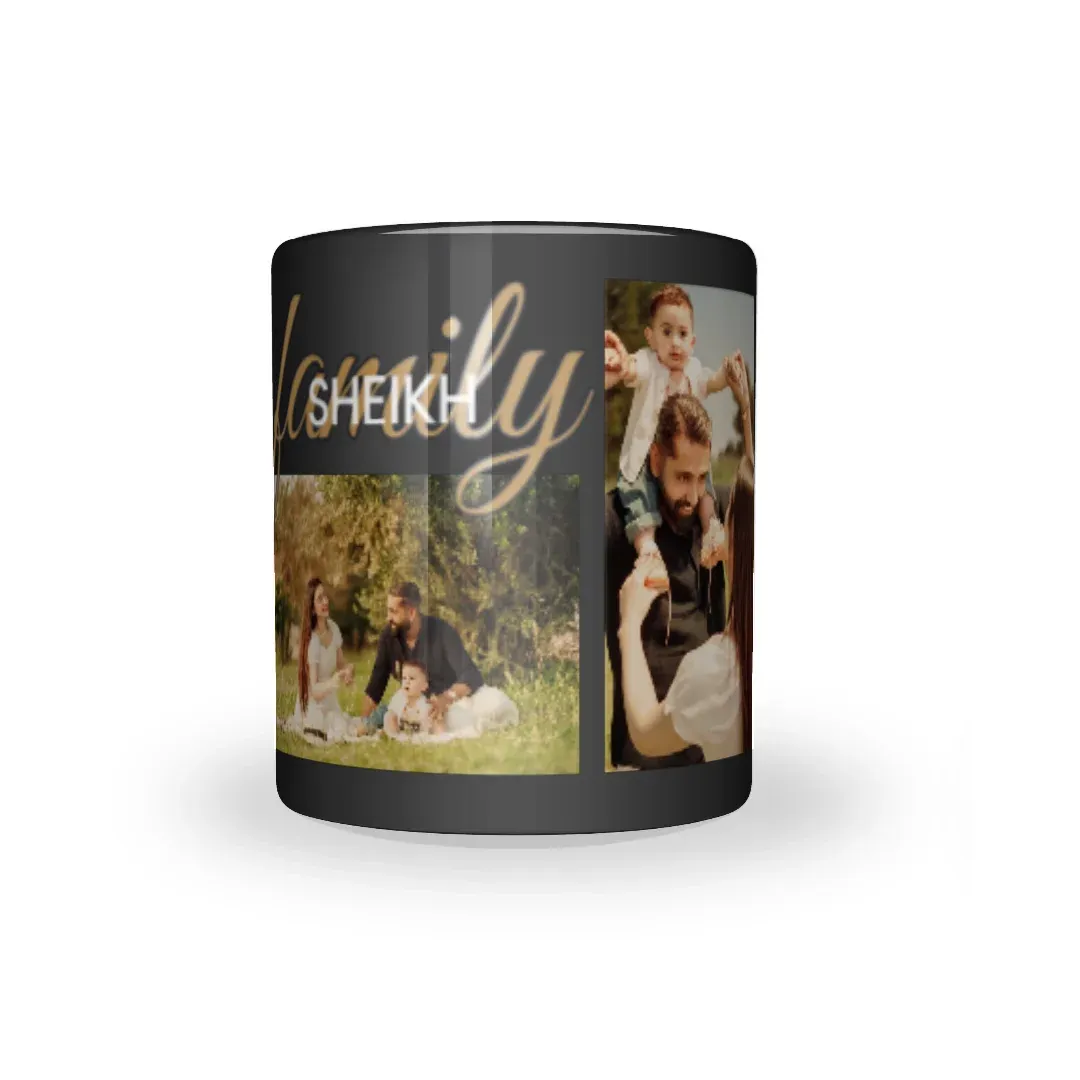 Custom 4-Photo "Family" Name Collage Mug, front view