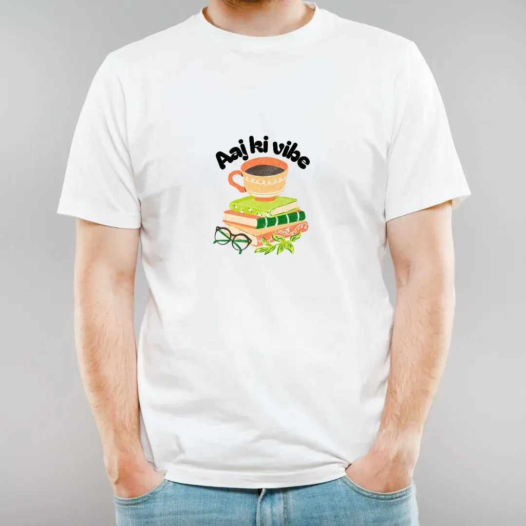 Aaj Ki Vibe – Books, Chai & Cozy Desi Mood Tee, on a t-shirt
