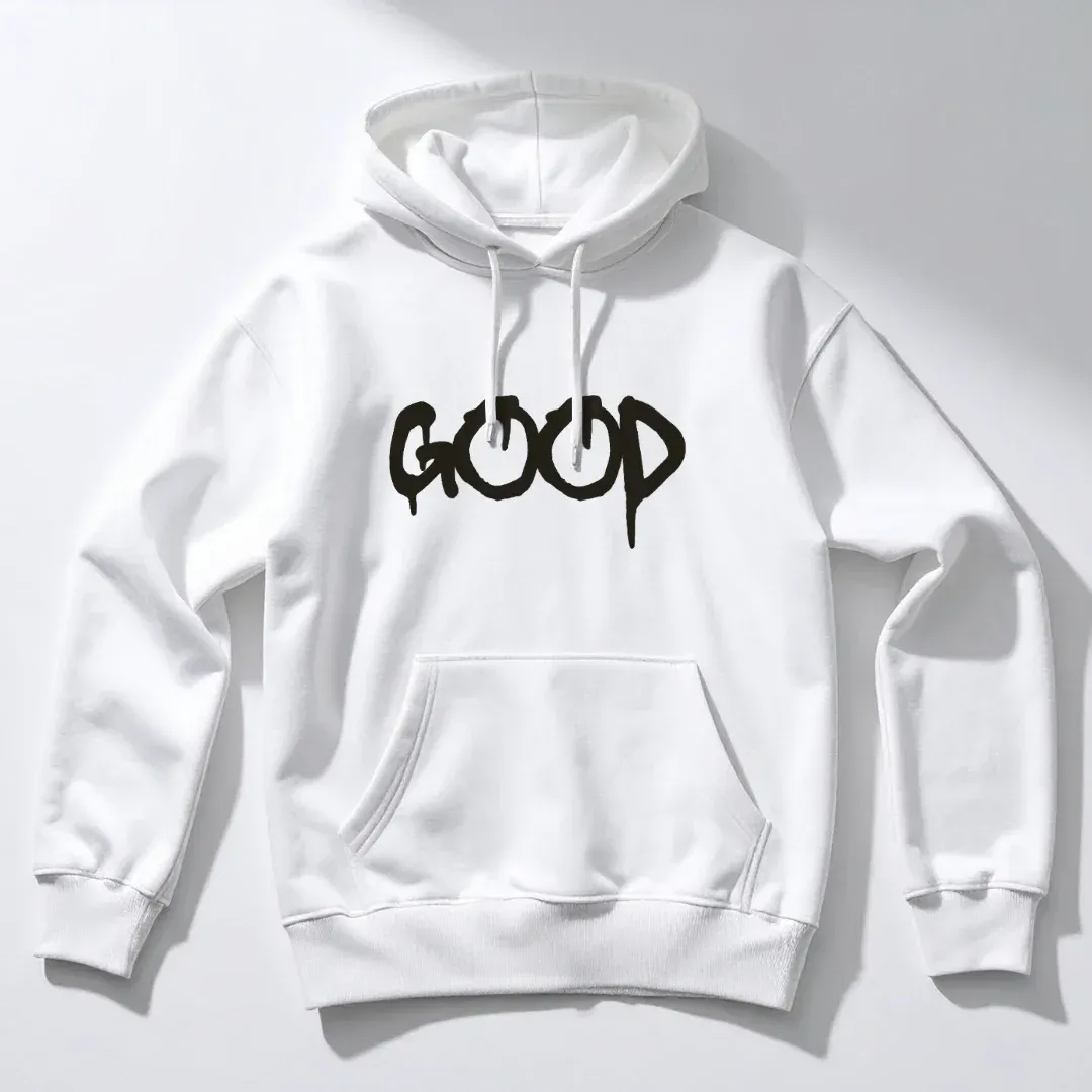 GOOD - Bold Graffiti Typography White Hoodie, on a hoodie
