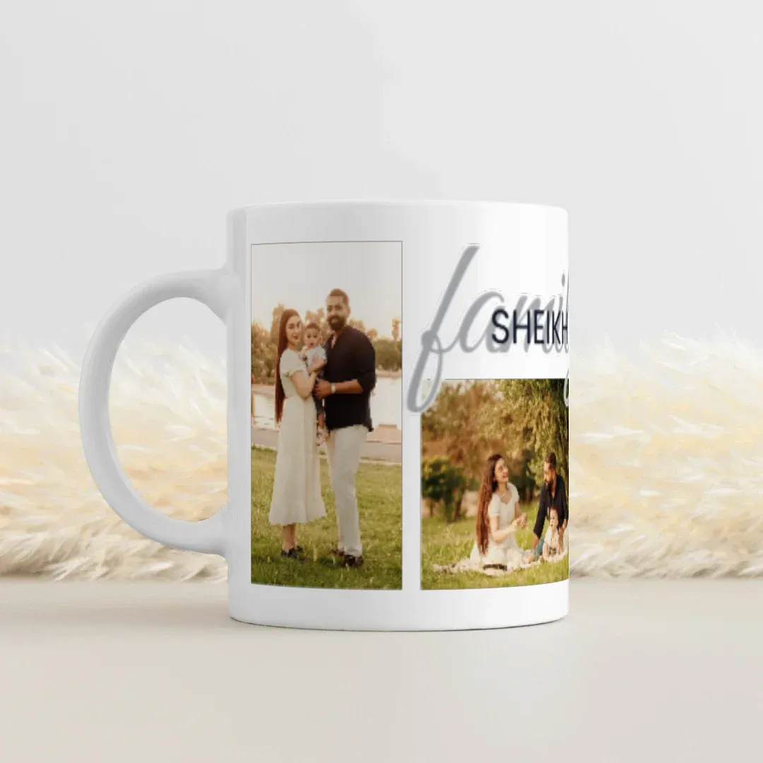 Custom 4-Photo "Family" Name Collage Mug, lifestyle view